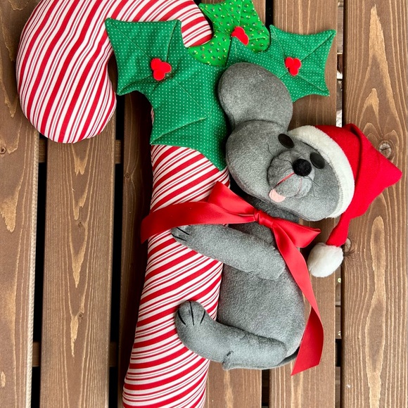 Festive Vintage Mouse on Candy Cane Plush 20" - Picture 1 of 5